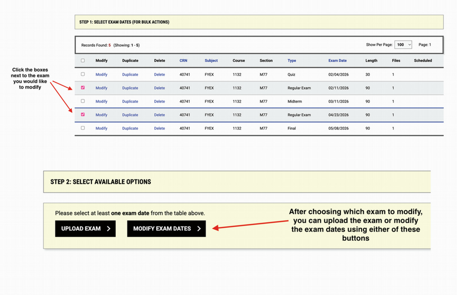 Tutorial to upload exam or change exam dates at a later time